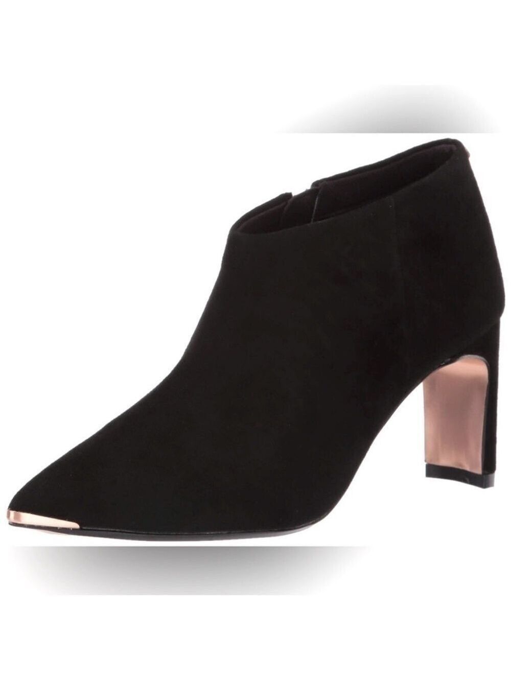 Ted Baker Leiyla Black Suede Heeled Ankle Boots with Rose Gold Accents-size 39.5